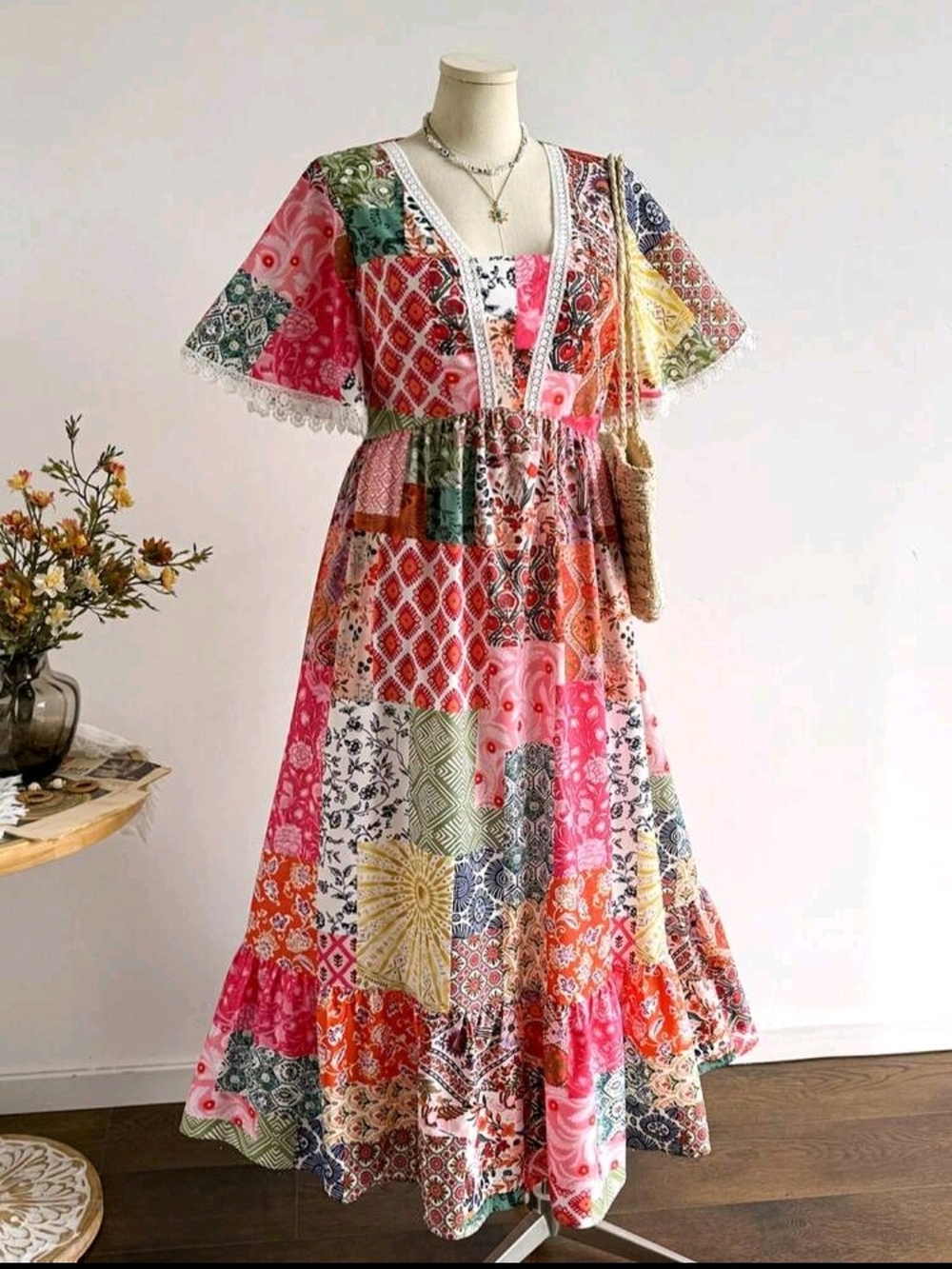 Boho Patchwork Maxi Dress in Pink Multi